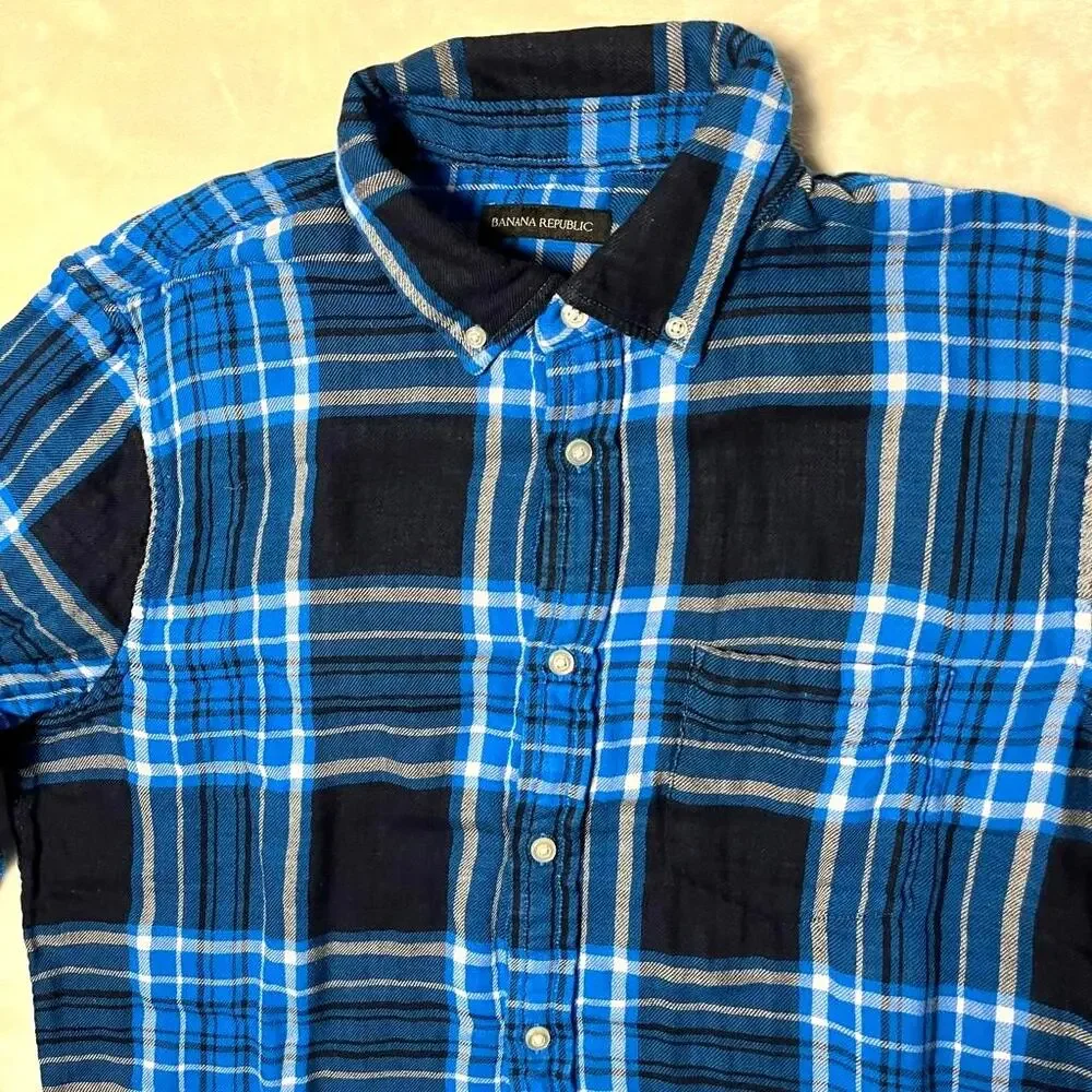 Banana Republic 2 Layer Flannel Untucked Slim Fit Men's L Blue & White Nautical - Picture 2 of 9